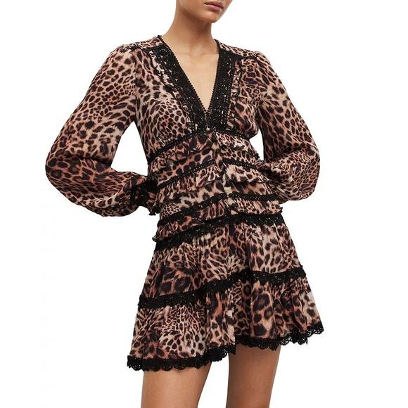 ALLSAINTS - NWT- Zora Evita Lace Trim Printed Dress Leopard Mini | 12 - Picture 5 of 15